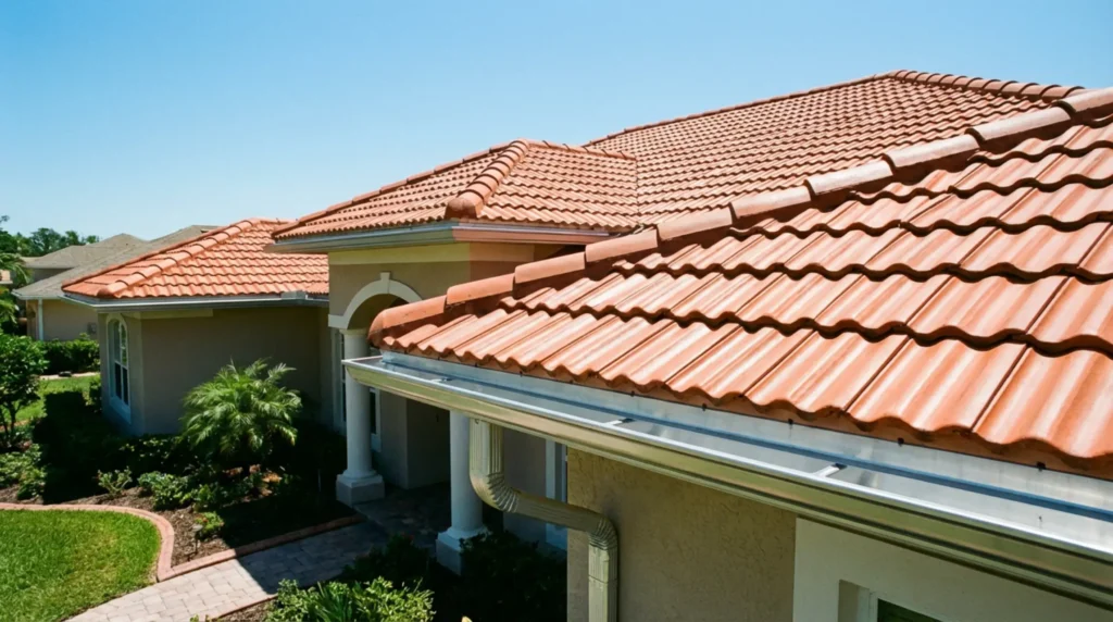 Telhado residencial e calhas limpas após serviço de manutenção preventiva e lavagem técnica para inspeção de vazamentos.