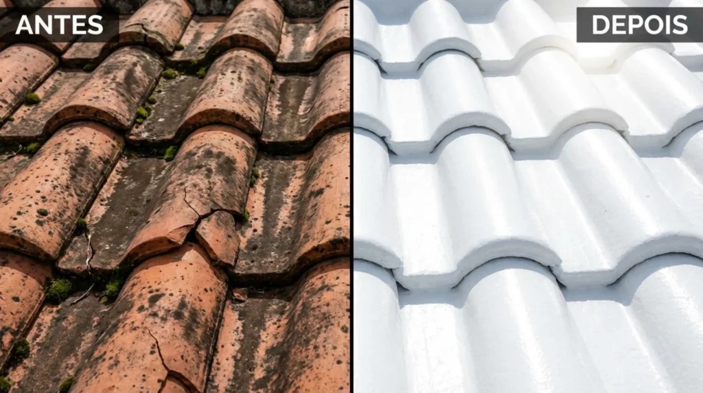 Comparativo antes e depois de telhado com infiltração restaurado com aplicação de manta líquida emborrachada impermeabilizante branca.