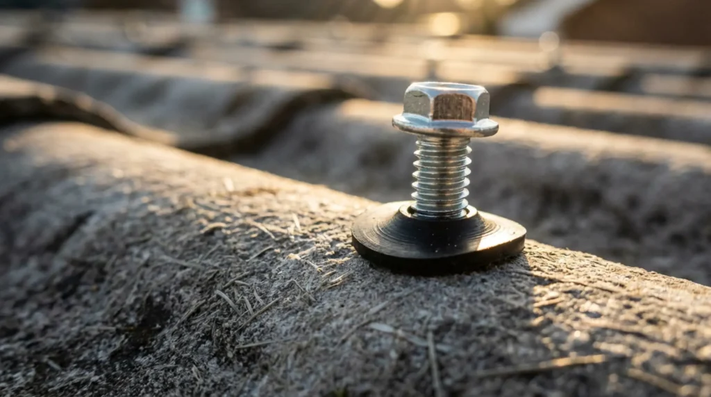 Close-up de fixação de telha com parafuso e vedação de borracha para reforço estrutural contra ventos fortes em Porto Alegre.