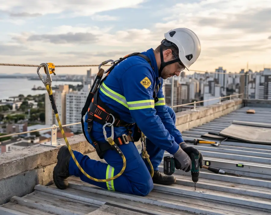 Técnico da Império Telhados utilizando EPIs e cinto de segurança em conformidade com a norma NR35 para conserto de telhado em Porto Alegre.